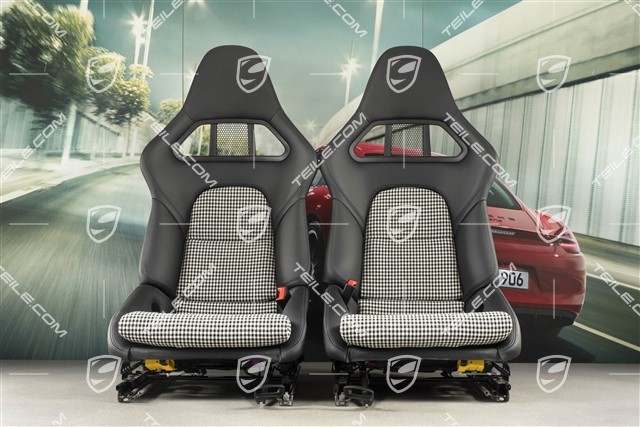 Bucket seats, collapsible, heating, leather+pepita cloth, black, with Porsche crest, set L+R