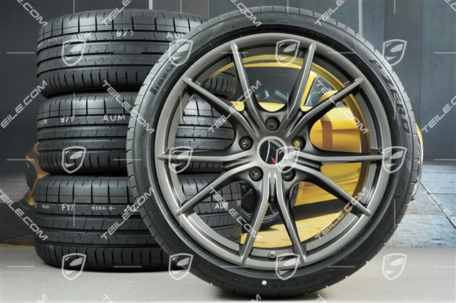 20" Carrera S summer wheels set, rims 8J x 20 ET57 + 10J x 20 ET45 + NEW tires 235/35 ZR20 + 265/35 ZR20, Platinum (semi gloss), with TPMS