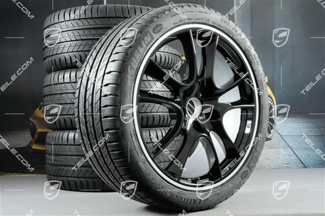 21-inch Cayenne Sport / GTS wheel set, rims (as new) 10J x 21 ET50 + 10Jx21 ET50 + NEW summer tyres 295/35 R21, in black + rant in silver