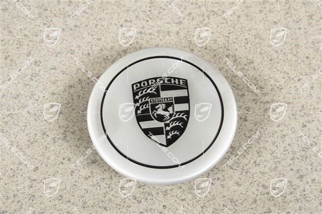 Radzierdeckel, für Innendurchmesser 66 mm, für Fuchsfelgen, eloxiert, silber mit schwarzem, geprägten Porsche Wappen