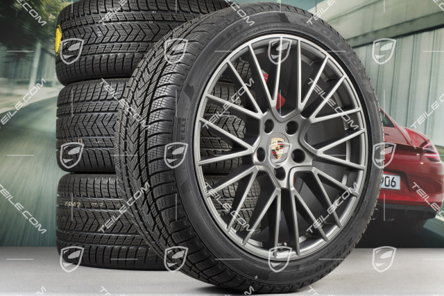 21" Cayenne COUPÉ RS Spyder Winterräder Satz, Felgen 9,5J x 21 ET46 + 11,0J x 21 ET49 + Pirelli Winterreifen 275/40 R21 + 305/35 R21, mit RDK-Sensoren, Platinum Seidenmatt