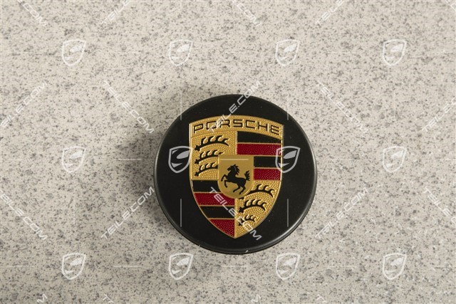 Zierdeckel für Zentralverschluss, Turbo, farbiges Porsche Wappen, Schwarz-matt