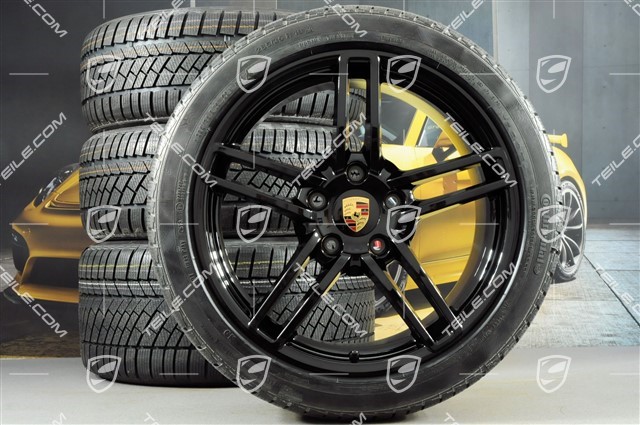 19" Carrera Winterräder Satz, 8,5J x 19 ET54 + 11J x 19 ET69 + NEUE Continenetal Winterreifen 235/40 R19 + 285/35 R19, mit RDK-Sensoren, schwarz hochglanz