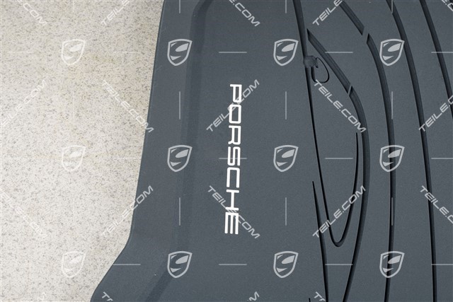 Gumowe dywaniki, komplet 2-częściowy, z sylwetką Porsche i napisem "Porsche", grafitowo-granatowe
