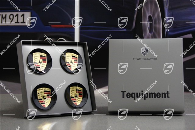 Center cap set (4 pcs.), black, high gloss, with coloured Porsche crest, CONCAVE