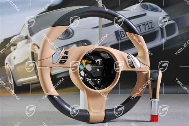 Steering wheel CARBON, multi-function, heated + selector lever, Luxor Beige.