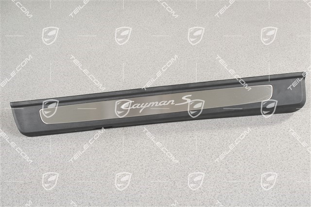 Scuff plate, Stainless steel, with "Cayman S" logo, R
