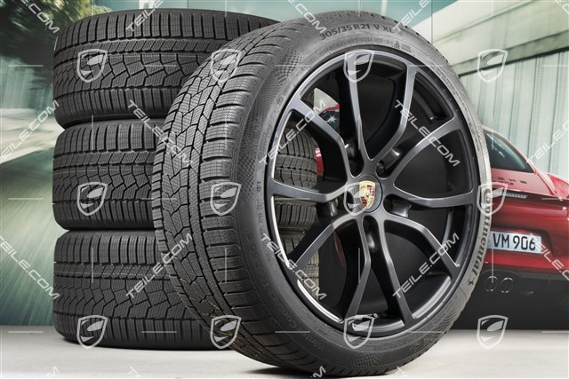 21-inch Cayenne COUPE Exclusive Design winter wheel set, rims 9,5J x 21 ET46 + 11,0J x 21 ET49 +  Continental winter tyres 275/40 R21 + 305/35 R21, with TPMS,  black satin-mat