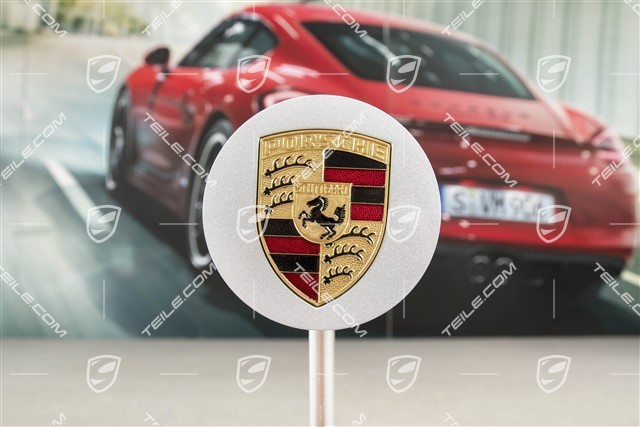 Radzierdeckel in Silber, mit farbigem Porsche Wappen, Innendurchmesser 71mm
