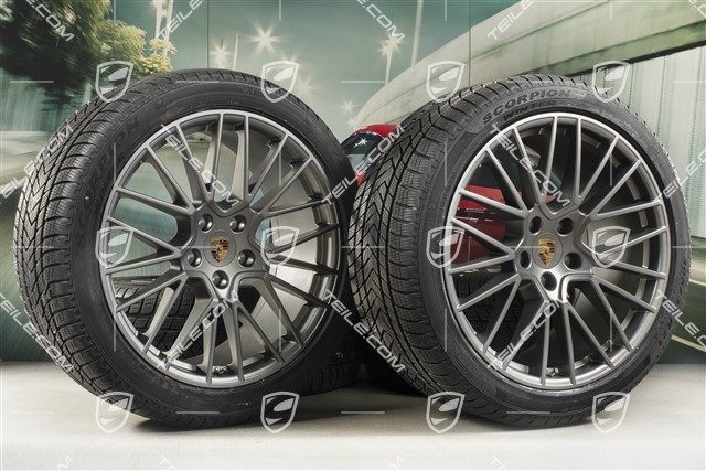 21-inch Cayenne COUPÉ RS Spyder winter wheel set, rims 9,5J x 21 ET46 + 11,0J x 21 ET49 + Pirelli winter tyres275/40 R21 + 305/35 R21, with TPMS, Platinum satin matt