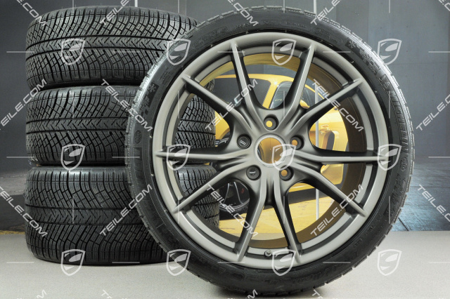 20" koła zimowe, komplet Carrera S (IV), używane/idealne felgi 8,5J x 20 ET49 + 11J x 20 ET78 + NOWE opony zimowe Michelin Pilot Alpin PA4 N1 245/35 R20 + 295/30 R20, kolor platinum (półmat)