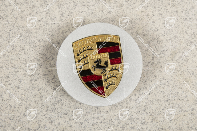 Radzierdeckel in Silber, mit farbigem Porsche Wappen, Innendurchmesser 71mm