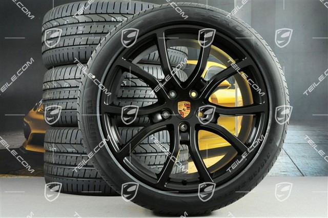 21-inch Cayenne Exclusive Design summer wheel set, rims 9,5J x 21 ET46 + 11,0J x 21 ET58 + Pirelli P Zero summer tyres 285/40 R21 + 315/35 R21, with TPMS, black satin matt
