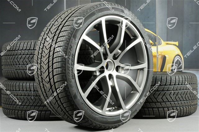 21-inch Cayenne Exclusive Design winter wheel set, rims 9,5J x 21 ET46 + 11,0J x 21 ET58 + Pirelli winter tyres 275/40 R21 + 305/35 R21, with TPMS, Platinum Satin Matt