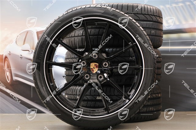 20-inch Carrera S (III) summer wheel set, 8J x 20 ET57 + 9,5J x 20 ET45 + NEW Pirelli tyres 235/35 ZR20 + 265/35 ZR20, rims star in black (glossy), with TPMS