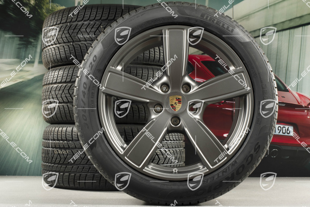 20" Cayenne Sport Classic Komfort Winterräder Satz, Felgen 9J x 20 ET50 + 10,5J x 20 ET64 + Pirelli Winterreifen 275/45 R20 + 305/40 R20, mit RDK-Sensoren, Platinum Seidenmatt