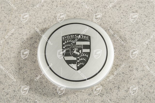 Hub cap, for internal diameter 71 mm, for Fuchs rims, anodised, silver with Porsche crest