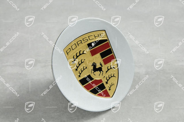 Hub cap, round, concave, Porsche crest coloured, Brilliantchromlack