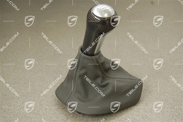 Gear shift knob CARBON, ALU-Look, for manual transmission, leather, stone grey