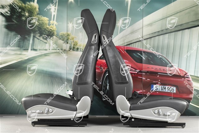 Seats, el. adjustable, 14-way, heating, lumbar, ventilation, leather, black, with Porsche crest, set, L+R