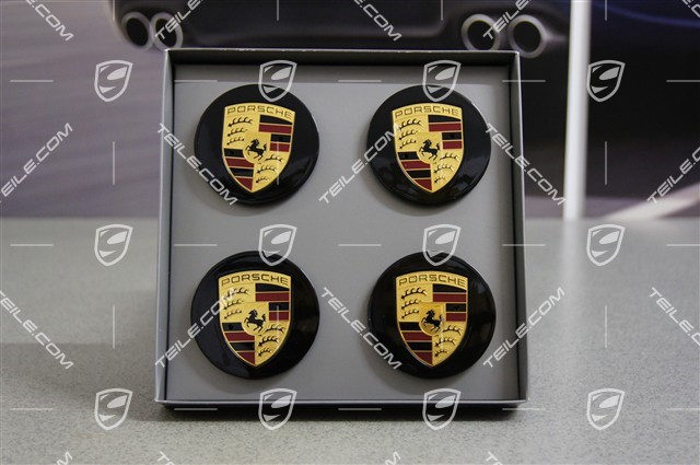 Center cap set (4 pcs.), black, high gloss, with coloured Porsche crest