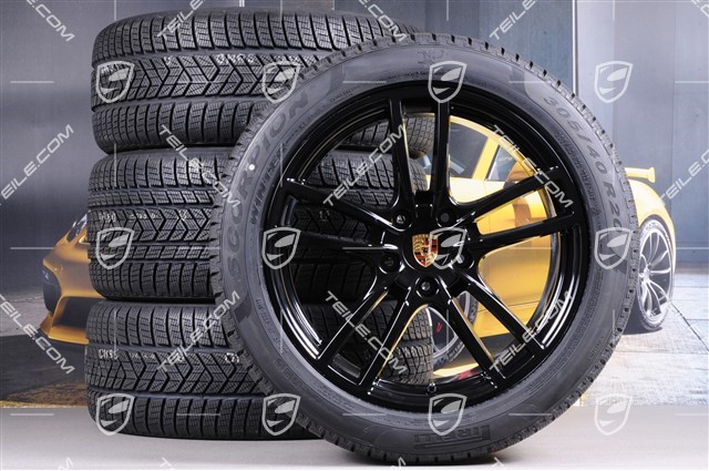 20" Cayenne Sport Winterräder Satz, Felgen 9J x 20 ET50 + 10,5J x 20 ET64 + NEUE Pirelli Winterreifen 275/45 R20 + 305/40 R20, mit RDK-Sensoren, in Schwarz Hochglanz