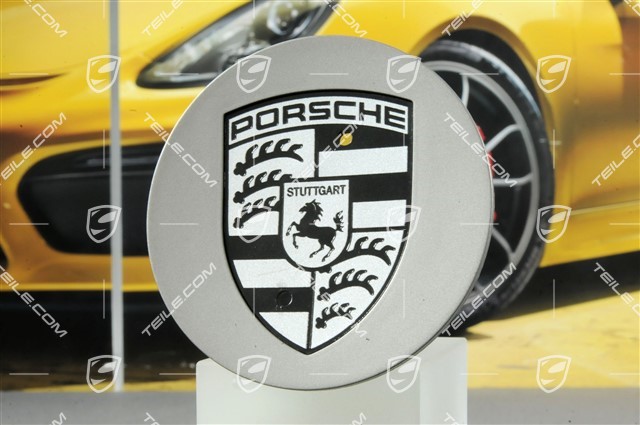 Hub cap, concave, crest black-white, platinum satin-matt