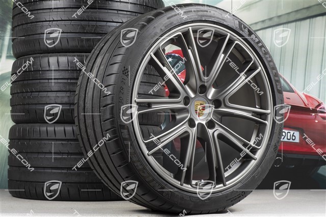 21-inch Panamera Exclusive Design summer wheel set, rims 9,5J x 21 ET71 + 11,5J x 21 ET69 + NEW Michelin summer tires 275/35 ZR21 + 325/30 ZR21, Platinum, with TPM