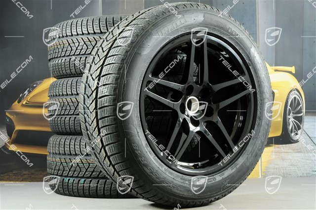18-inch "Macan S" Winter wheel set, rims 8J x 18 ET21 + 9J x 18 ET21 + NEW winter tyres Pirelli Scorpion Winter 235/60 R18 + 255/55 R18, with TPMS, black high gloss