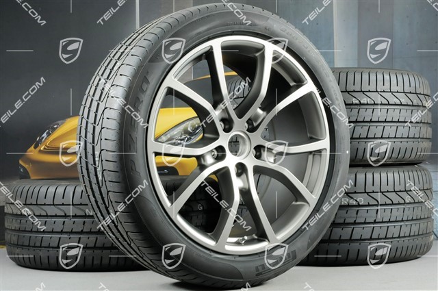 21-inch Cayenne Exclusive Design summer wheel set, rims 9,5J x 21 ET46 + 11,0J x 21 ET58 + Pirelli P Zero summer tyres 285/40 R21 + 315/35 R21, with TPMS, Platinum satin matt