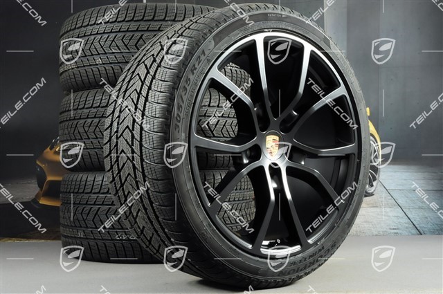 21-inch Cayenne Exclusive Design winter wheel set, rims 9,5J x 21 ET46 + 11,0J x 21 ET58 + Pirelli winter tyres 275/40 R21 + 305/35 R21, with TPMS, Black Satin Matt