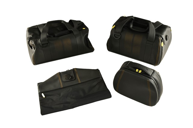Travel bags set (complete), Exclusive Series, leather black with coloured stitching gold