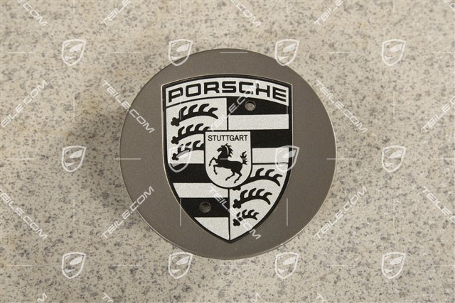 Radzierdeckel, konkav, mit Porsche Wappen in Schwarz, Platinum Seidenmatt