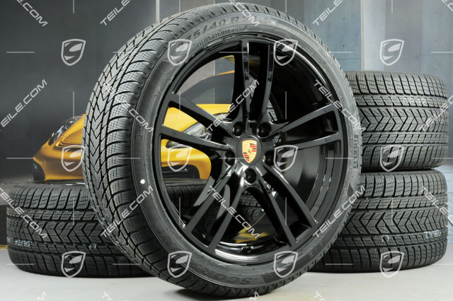 21" koła zimowe Cayenne Turbo, komplet, felgi 9,5J x 21 ET46 + 11,0J x 21 ET58 + NOWE opony zimowe Pirelli 275/40 R21 + 305/35 R21, z czujnikami ciśnienia, czarny połysk