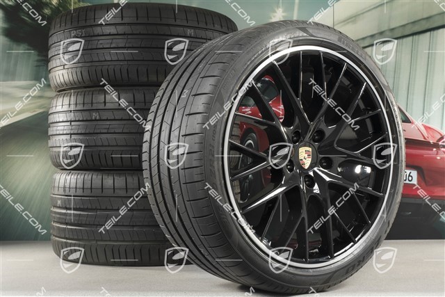 21-inch Panamera SportDesign summer wheel set, rims 9,5J x 21 ET71 + 11,5J x 21 ET69 + Pirelli summer tires 275/35 ZR21 + 315/30 ZR21, with TPM, in black high gloss