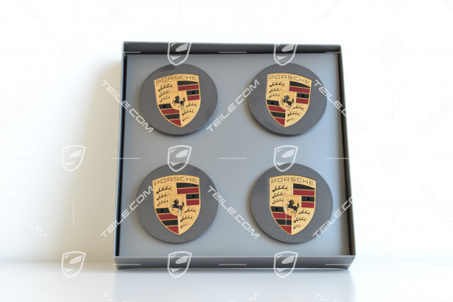 Center cap set (4 pcs.), titanium silver finish with coloured crest, for 20-inch Carrera Classic wheels