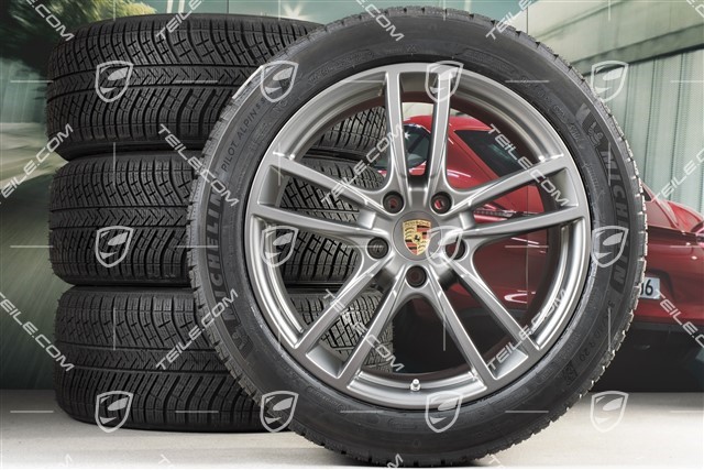 20" Cayenne Sport Winterräder Satz, Felgen 9J x 20 ET50 + 10,5J x 20 ET64 + Michelin Winterreifen 275/45 R20 + 305/40 R20, mit RDK-Sensoren, in Platinum Seidenmatt