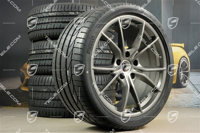 20-inch summer wheels set Carrera S IV, rims 8,5 J x 20 ET49 + 11,5 J x 20 ET56 + NEW Pirelli summer tyres 245/35 ZR20 + 305/30 ZR20, Platinum, with TPMS