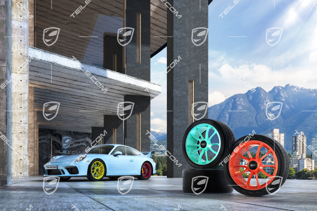 20" rims set GT3, 9J x 20 ET55 + 12J x 20 ET47, front: Gulforange + Acidgreen, rear: Mintgreen + Ruby Star