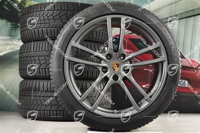 21-inch Cayenne Turbo winter wheel set, rims 9,5J x 21 ET46 + 11,0J x 21 ET58 + Continental winter tyres 275/40 R21 + 305/35 R21, with TPMS, Platinum satin matt