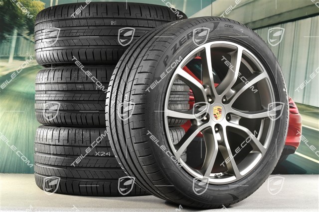21-inch Cayenne Coupe Exclusive Design summer wheel set, rims 9,5J x 21 ET46 + 11,0J x 21 ET49 + NEW Pirelli P Zero summer tyres 285/45 R21 + 315/40 R21, with TPMS, Platinum satin-mat