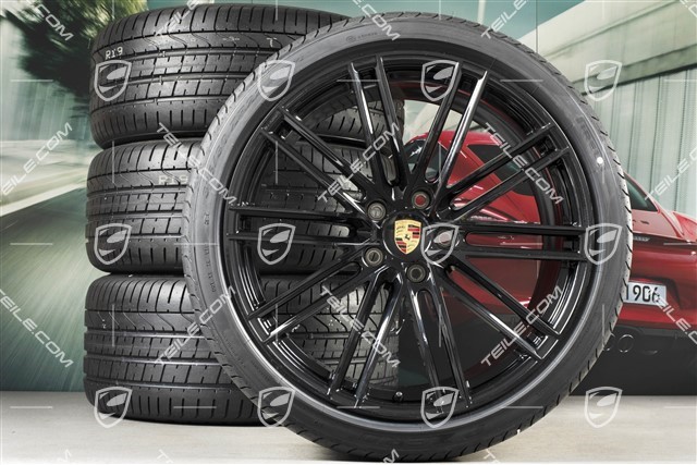 22-inch summer wheel set 911 Turbo IV Design, rims 10J x 22 ET48 + 11,5J x 22 ET61 + NEW Pirelli summer tyres 285/35 ZR22 + 315/30 ZR22,  black high gloss, with TPM