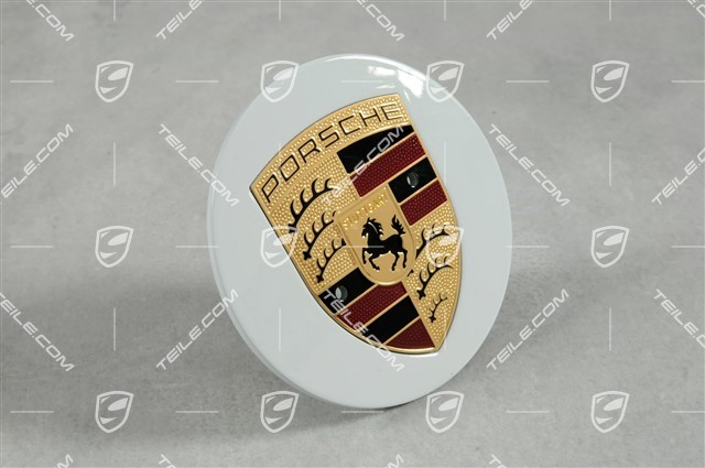Hub cap, round, convex, Porsche crest coloured, White