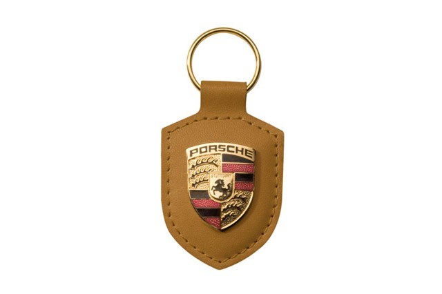 Brelok na klucze z herbem Porsche, skórzany, cognac