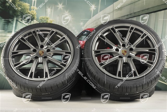 21-inch Panamera Exclusive Design summer wheel set, rims 9,5J x 21 ET71 + NEW 11,5J x 21 ET69 + Pirelli summer tires 275/35 ZR21 + 315/30 ZR21, Platinum, with TPM