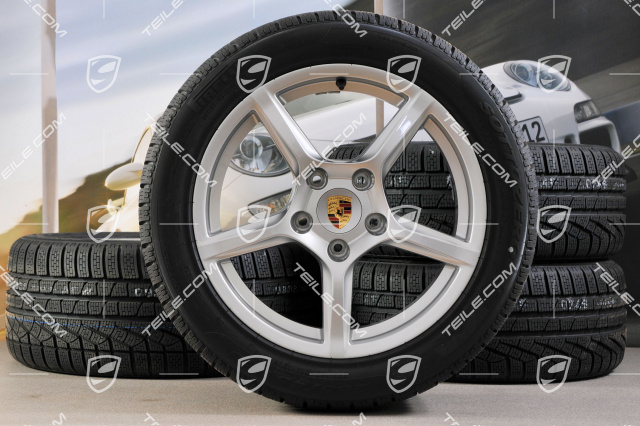 18" Boxster winter wheel set, 8J x 18 ET57 + 9J x 18 ET47 + winter tyres Pirelli Sottozero II 235/45 R18 + 265/45 R18, with TPMS.