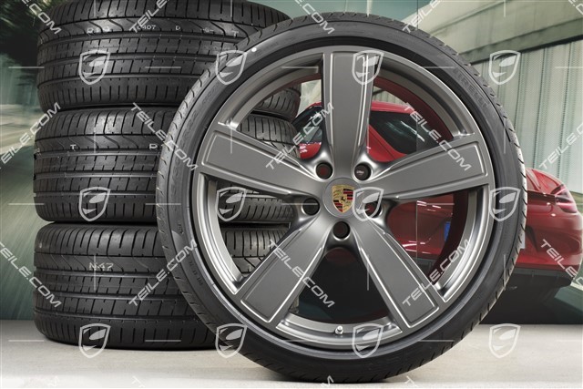 22-inch summer wheel set Sport Classic, rims 10J x 22 ET48 + 11,5J x 22 ET61 + Pirelli summer tyres 285/35 ZR22 + 315/30 ZR22, Platinum satin-mat, with TPM