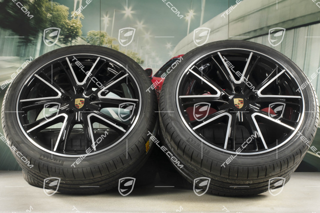 21-inch Panamera Exclusive Design summer wheel set, rims 9,5J x 21 ET71 + 11,5J x 21 ET69 + NEW Pirelli summer tires 275/35 ZR21 + 315/30 ZR21, black, with TPM