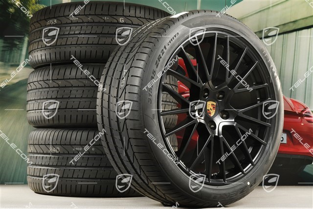 21" koła letnie Cayenne RS Spyder, komplet, felgi 9,5J x 21 ET46 + 11,0J x 21 ET58 + opony letnie Pirelli P Zero 285/40 R21 + 315/35 R21, z czujnikami ciśnienia, czarny satynowy półmat