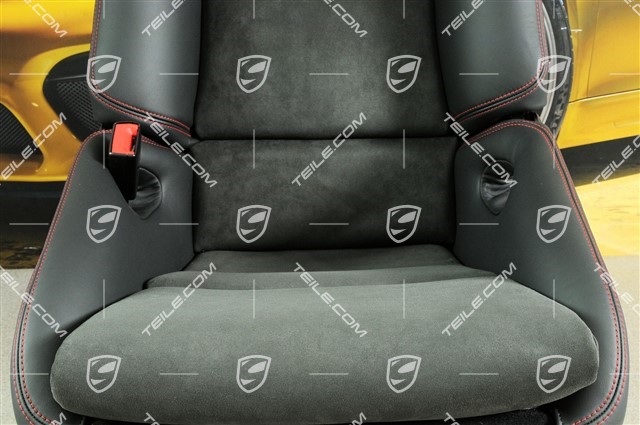 Sportowy fotel kubełkowy, składany, czarna skóra/Alkantara, nitka czerwona Carmine red, z herbem Porsche, L
